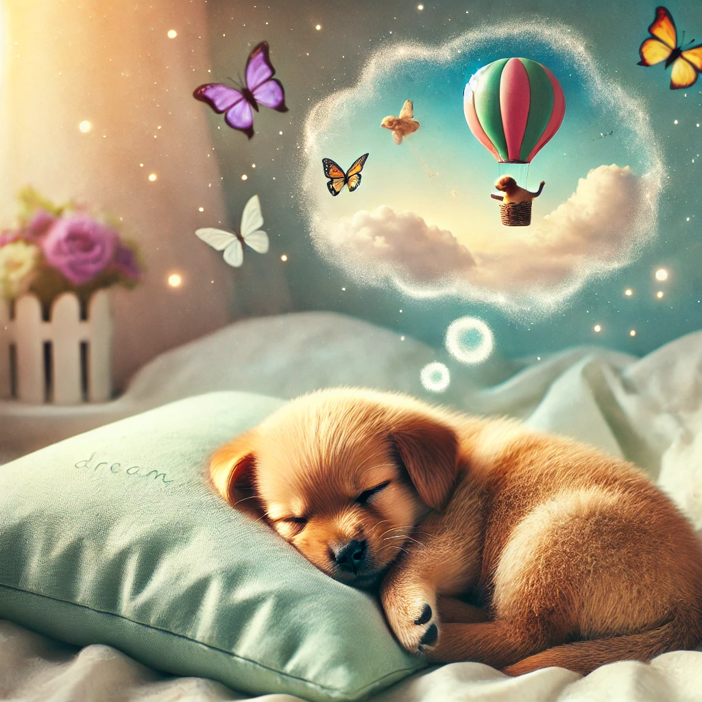 강아지가 쿠션을 베고 자고있고 꿈을 꾸는 모습을 말풍선모양으로 표현한 이미지