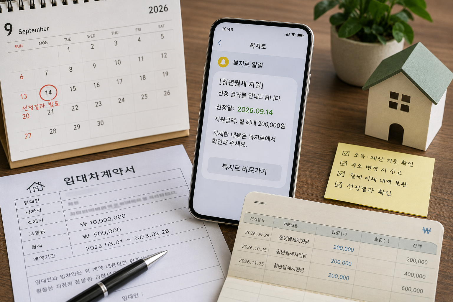 빈 원룸 바닥에 임대차계약서와 월세 이체내역을 펼쳐놓은 장면