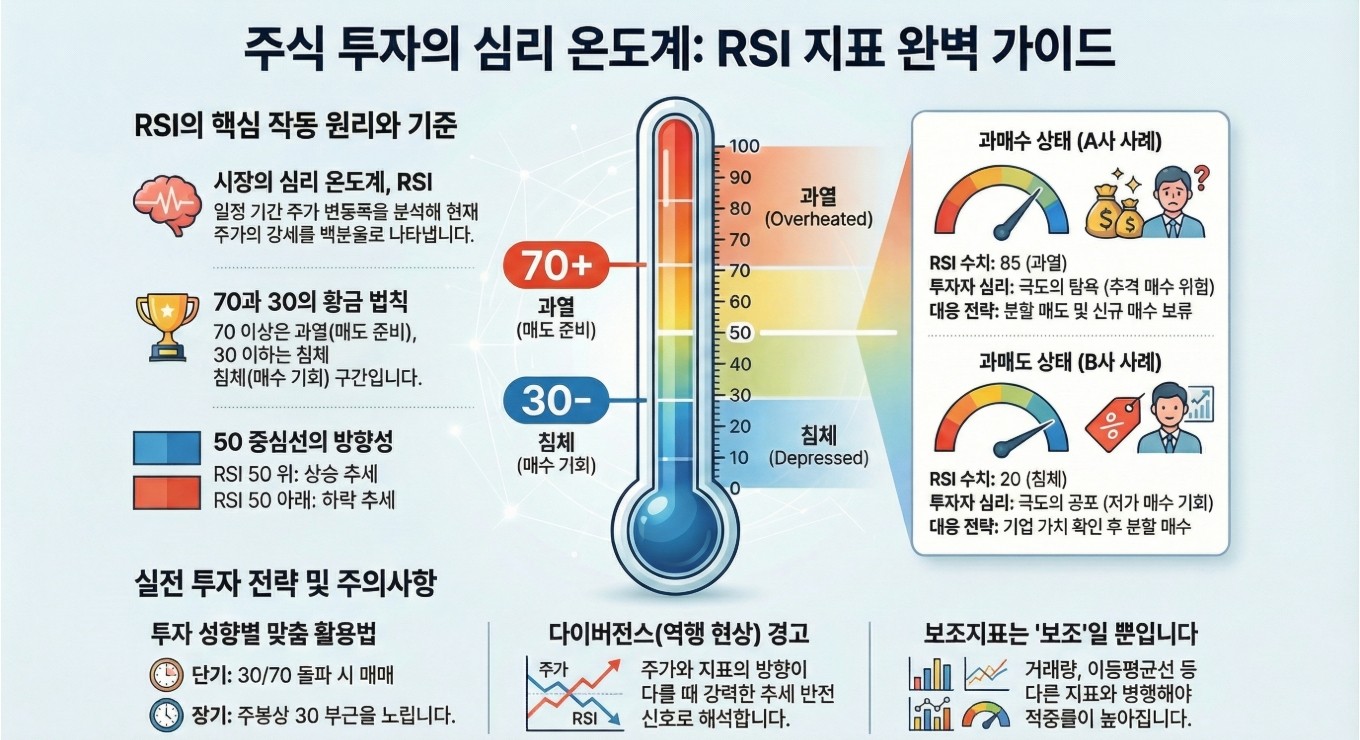 주식 시장의 심리 온도계인 RSI(상대강도지수) 활용 전략 요약 인포그래픽. 0~100 사이의 수치 중 70 이상(과매수/팔 준비)과 30 이하(과매도/살 준비)의 기준선 의미 설명. 가상 기업 A사와 B사 사례를 통한 실전 차트 분석법과 '다이버전스' 현상 등 초보자가 주의해야 할 리스크 관리 가이드 정리.