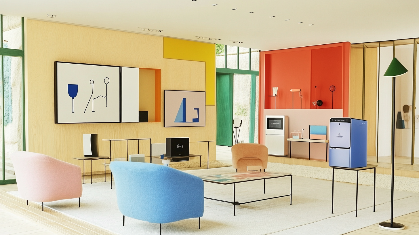 삼성 AI 구독클럽의 이점을 나타내는 다양한 스마트 가전이 있는 현대적인 거실, 편안하고 고급스러운 분위기의 인테리어