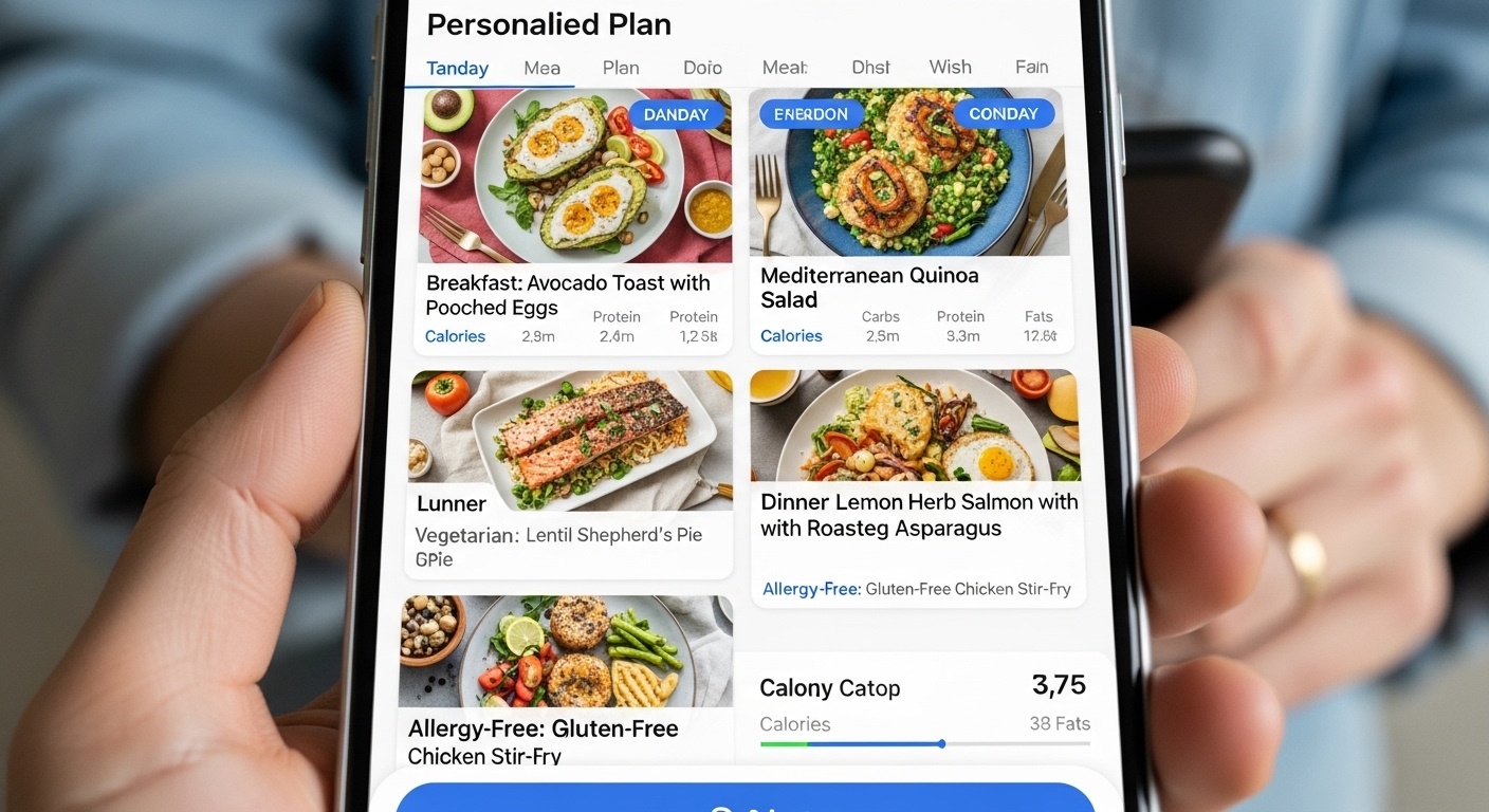 AI 앱 화면에 개인의 식습관과 건강 정보를 반영한 맞춤형 식단이 상세하게 제시되어 있는 모습.
