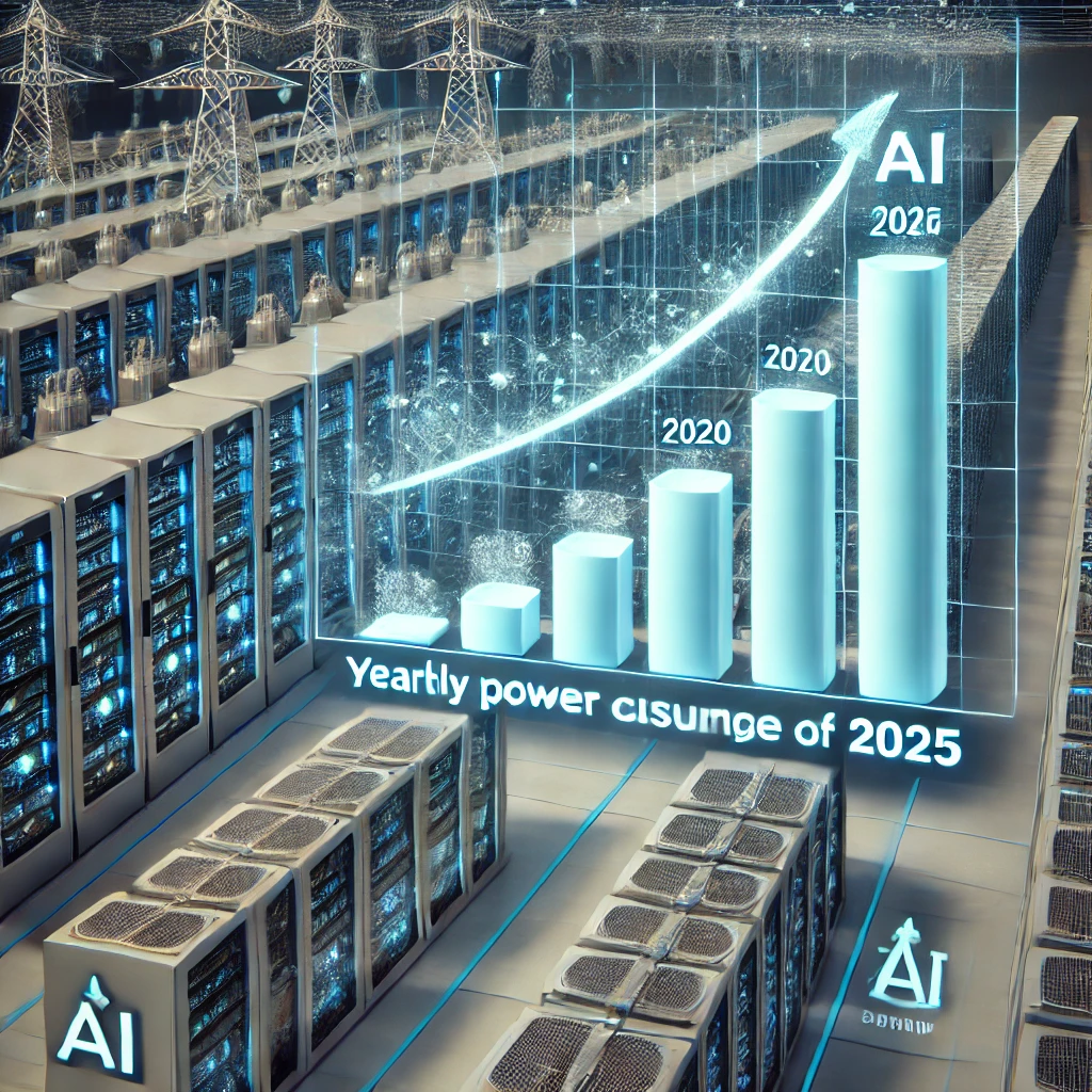 2020년부터 2025년까지 AI 데이터센터의 전력 사용량 증가 차트&amp;#44; 연도별 전력 소비량 변화