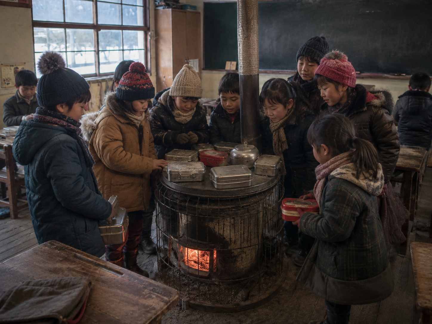 겨울 교실에서 학생들이 난로와 도시락 주변에 모여 있는 모습