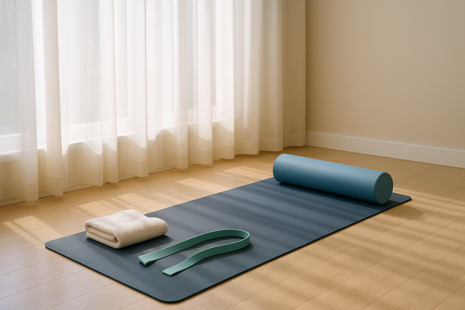요가 매트 위에 수건과 폼롤러가 놓인 밝은 스트레칭 공간