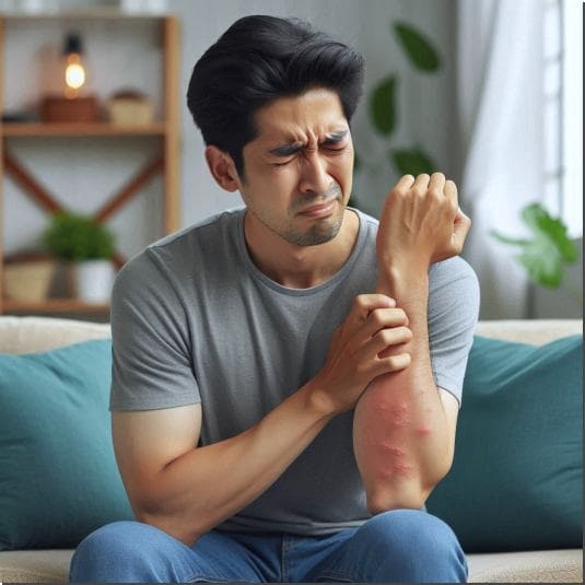 봉와직염 원인 벌레 물림, 모기에 심하게 물린 남성 사진