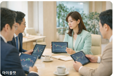 기관 투자자들이 투자 전략을 논의하는 회의 장면