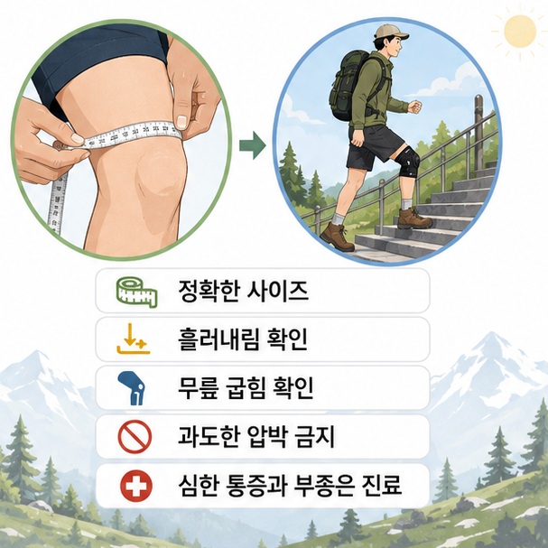 무릎 둘레를 정확히 측정하고 보호대를 착용한 상태에서 움직임과 흘러내림, 압박 정도를 확인하며 심한 통증이나 부종이 있으면 진료를 우선해야 함을 보여 주는 그림
