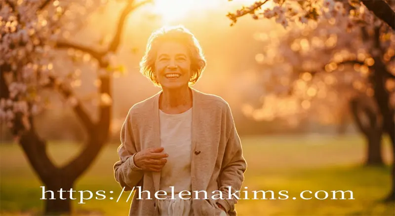 중년 여성이 즐거운 마음으로 공원을 산책하고 있는 이미지.