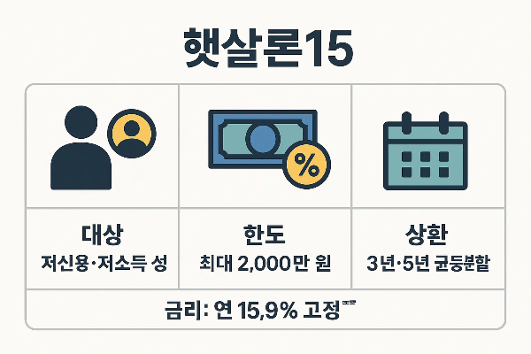 햇살론15의 대상자 조건, 대출 한도 최대 2000만원, 상환기간 3년과 5년 균등분할, 연 15.9% 고정금리 등 주요 정보를 정리한 인포그래픽입니다.