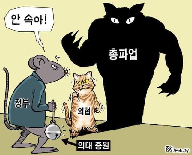 의대 증원과 의사협회 총파업 이슈에 대한 만평