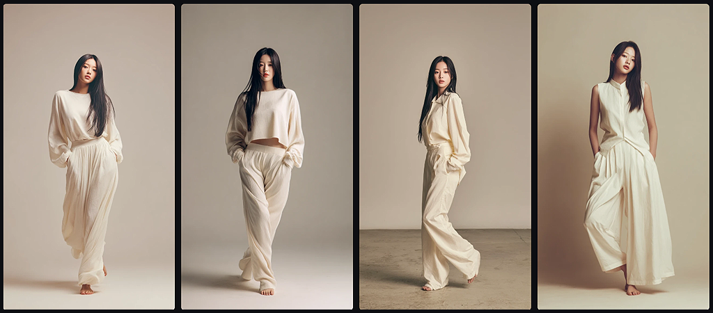 인물 모델, 슬림하고 유연한 체형과 부드러운 우아함을 발산하는 한국 여성 모델의 전신 이미지_Midjourney