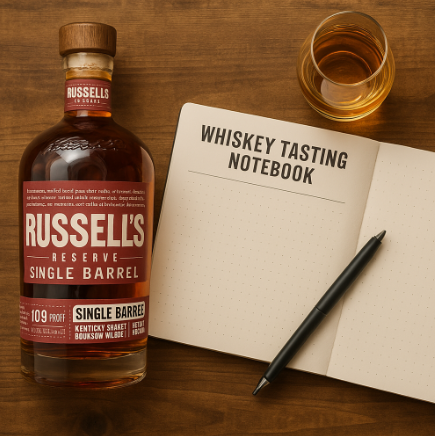 러셀 리저브 싱글 배럴 보틀과 함께 있는 위스키 테이스팅 노트북, 펜, 그리고 글렌케언 잔이 놓인 나무 테이블의 상단 뷰