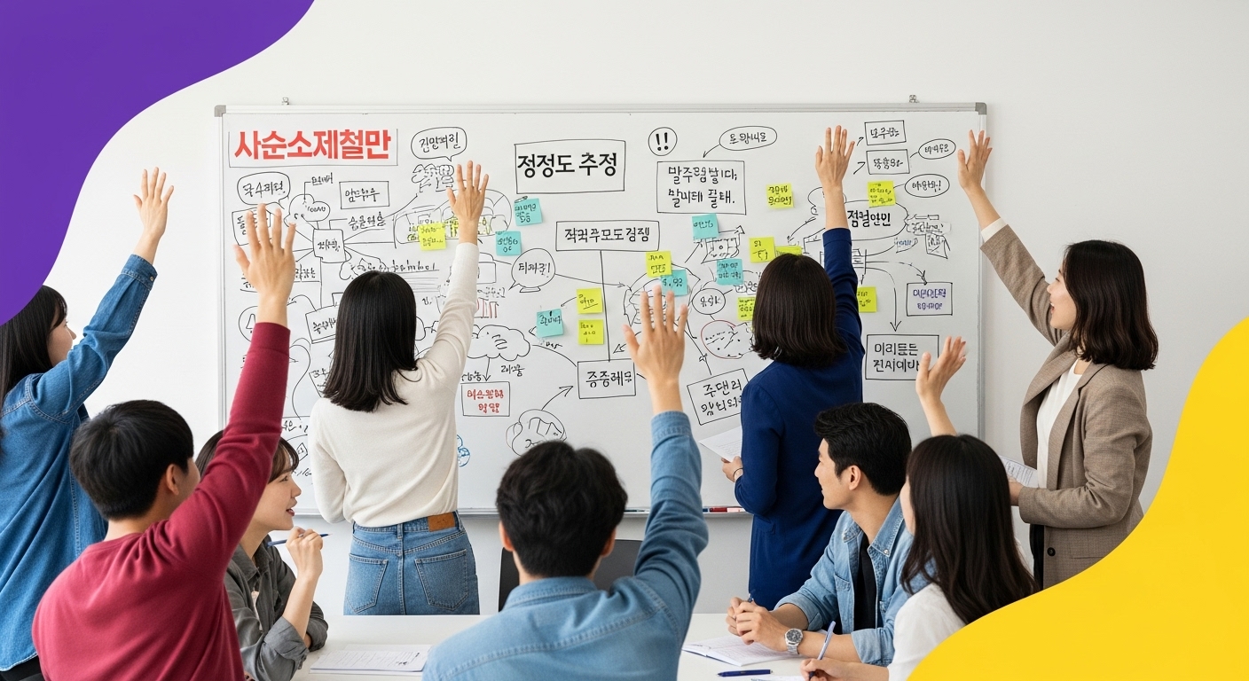 젊은이들이 저출산&middot;고령화 문제 해결을 위해 적극적으로 아이디어를 내고 토론하는 모습
