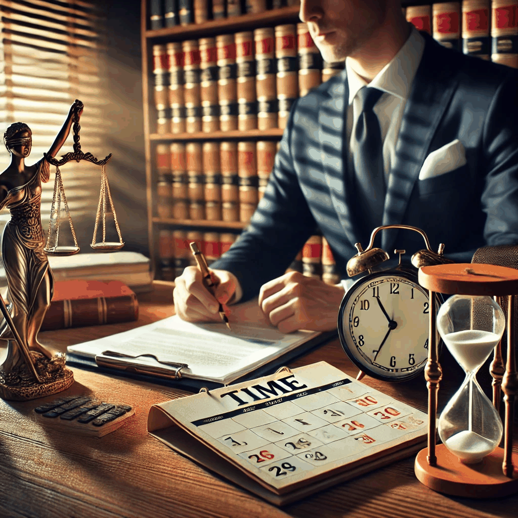 법률 사무실에서 변호사가 서류, 달력, 모래시계를 활용하여 법적 시간 개념을 검토하는 모습