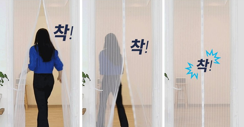 자석 모기장 여닫힘 구조와 설치 장면