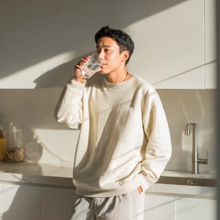 깨끗한 물한잔 수분보충 하는 남성