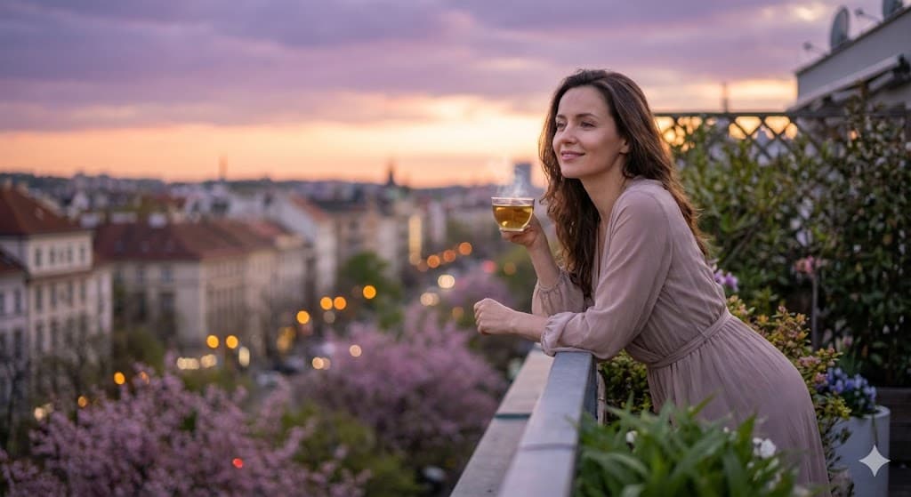 만성 피로를 극복하고 우아한 봄 날의 저녁을 즐기는 모습