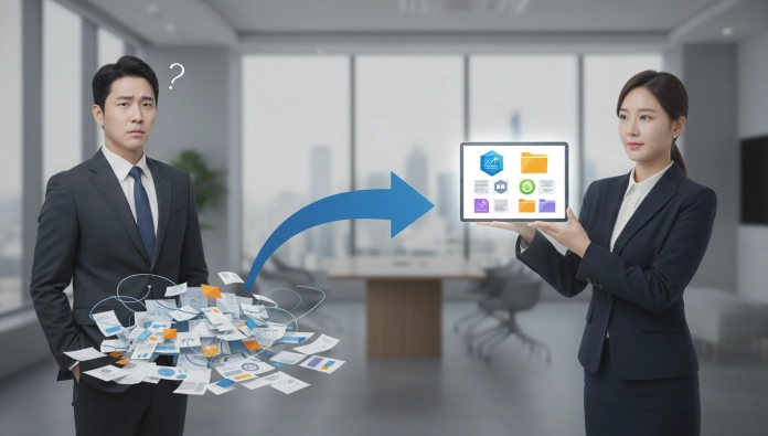 스마트공장 지원금 증빙 서류 정리 전후를 보여주는 인포그래픽. 혼란스러운 서류 더미에서 체계적인 디지털 문서 관리 시스템으로 변화하는 모습.