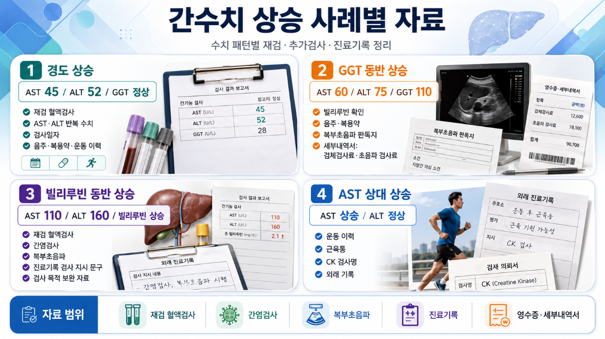 AST&middot;ALT&middot;GGT 상승 사례별 재검 혈액검사, 간염검사, 복부초음파, 진료기록 자료 범위를 비교한 인포그래픽