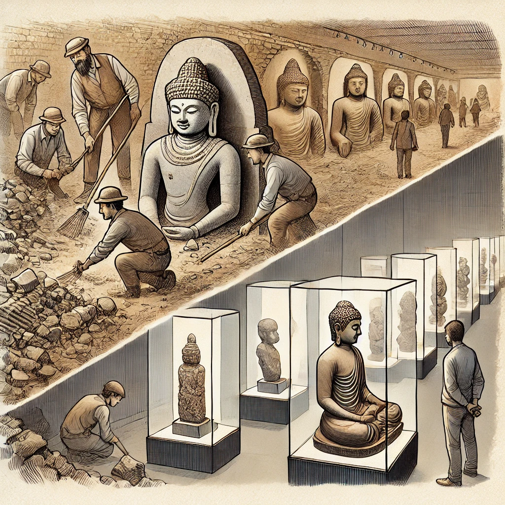 19세기 고고학 발굴 현장과 현대 박물관 전시 공간