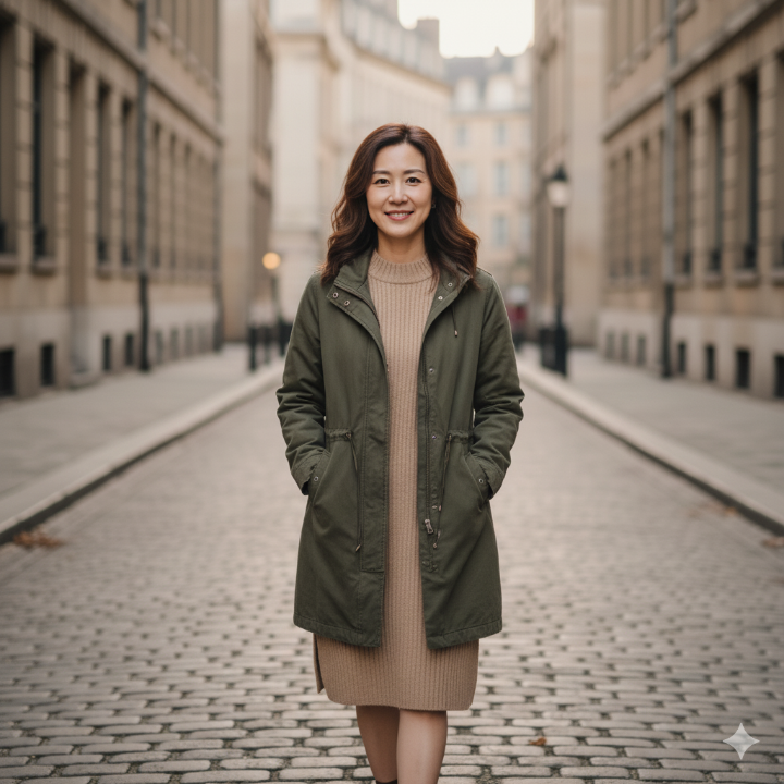 올리브 그린색 야상 점퍼에 베이지색 니트 원피스를 입은 여성