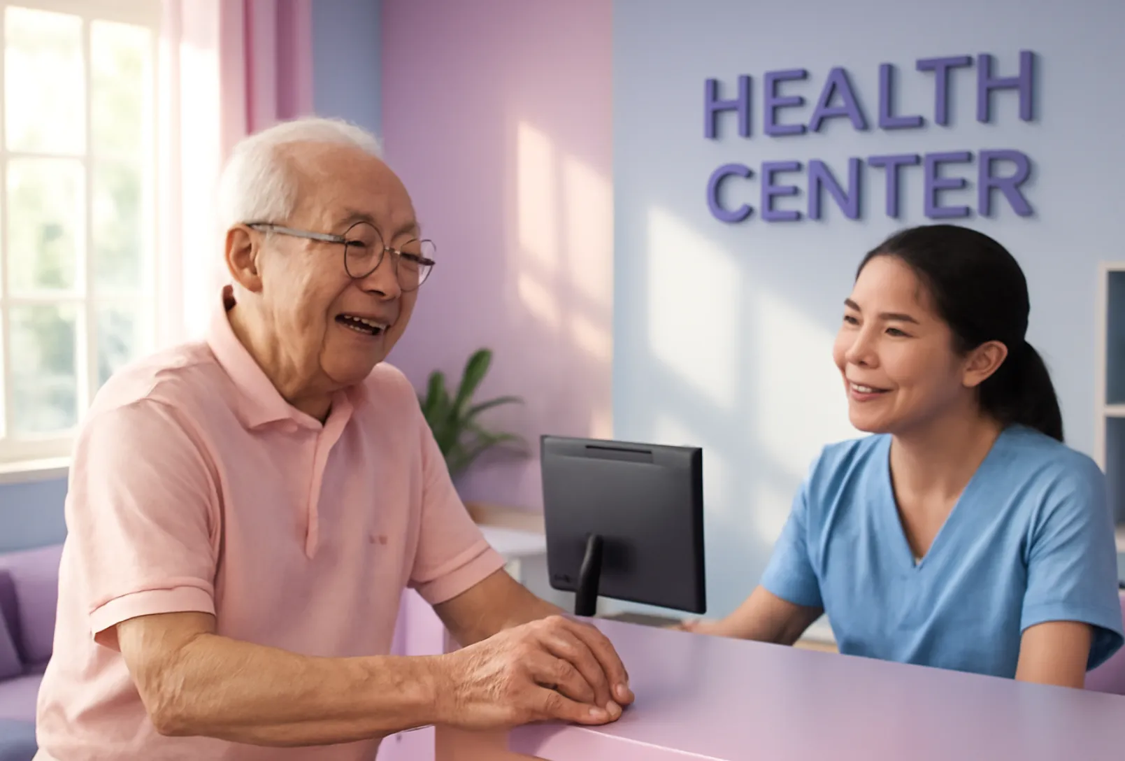 폐렴 예방접종을 상담하는 할아버지가 좋아서 웃는 모습