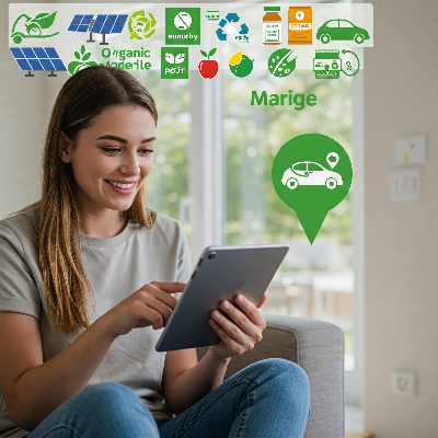 한 사람이 태블릿으로 온라인 쇼핑을 즐기는 모습, 배경에는 친환경 제품 로고와 공유 자동차 아이콘이 함께 보이는 콜라주