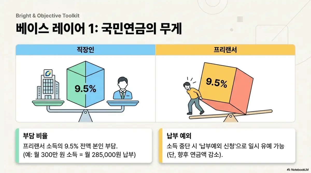 프리랜서 4대보험: 직장인은 회사와 반반 부담하고 프리랜서는 9점5퍼센트 전액 본인 부담이라는 차이를 저울 일러스트로 비교하며 월 300만 원 소득 기준 월 28만5천 원 납부 예시와 납부예외 신청 안내를 포함한 이미지. 프리랜서 국민연금 부담 구조와 절감 방법을 시각적으로 전달하며 블로그의 프리랜서 국민연금 납부 방식과 관련된 내용을 설명함