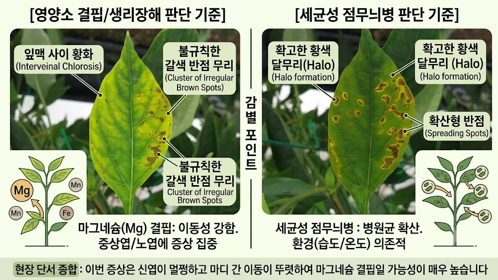 마그네슘 결핍과 세균정 점무늬병 구분 판단기준
