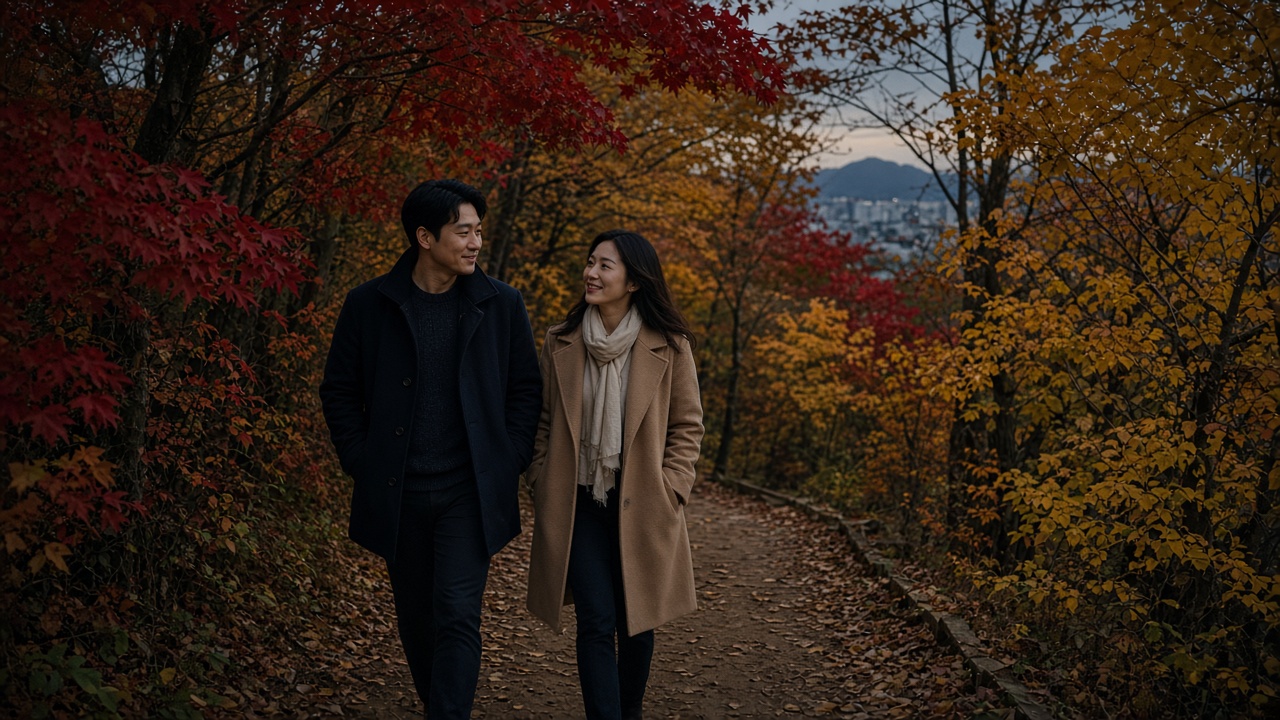 붉고 노랗게 물든 남산 산책로를 따라 저녁 무렵 걷는 30대 한국인 커플