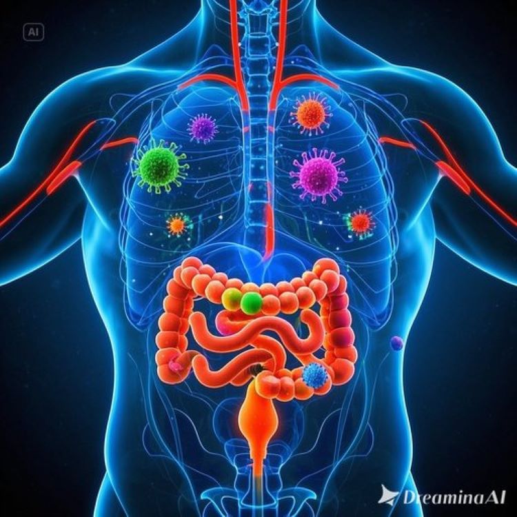 인체 내부를 투시한 듯한 의학적 일러스트로, 장에서 뇌까지 연결된 신경 네트워크와 함께 다채로운 색깔의 미생물들이 장벽을 따라 활발히 활동하는 모습. 장과 뇌 사이에 양방향 화살표로 소통을 표현하고, 건강한 미생물생태계의 조화로운 균형을 시각적으로 보여주는 이미지.