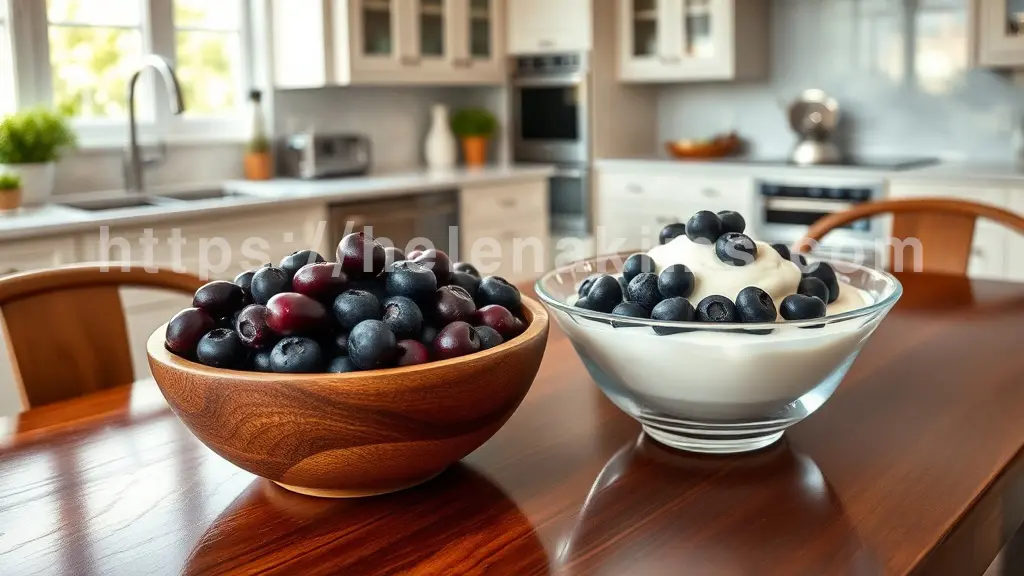 왼쪽에는 나무 그릇에 담긴 아사이베리가, 오른쪽에는 유리 그릇에 담긴 그릭요거트 위에 뿌려진 블루베리가 있는 이미지.