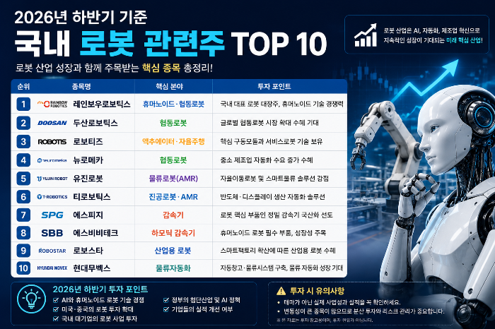 2026년 하반기 기준 국내 로봇 관련주 TOP 10