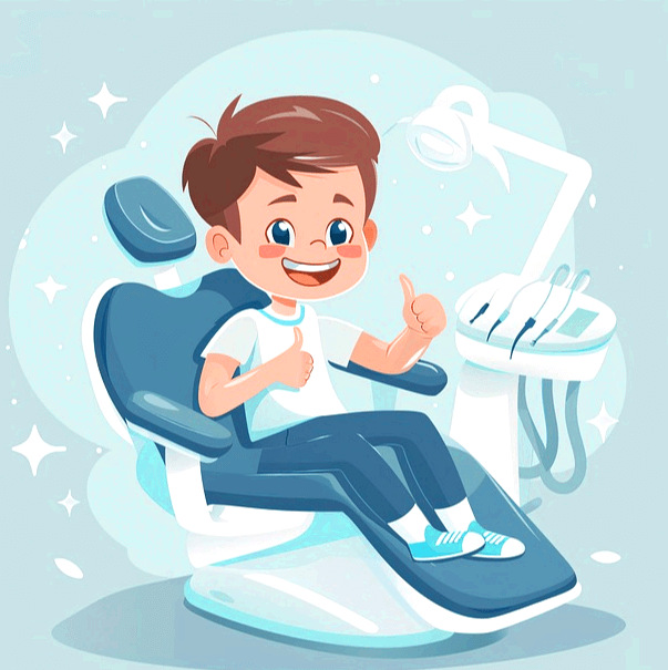 남자 어린이가 치과 진료 의자에 앉아서 웃고 있다. 파란 눈동자에 갈색머리를 했다.