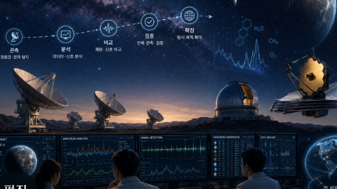 외계행성 신호를 반복 분석하며 우주 관측 시스템 속에서 외계 생명체 가능성을 추적하는 탐사 장면