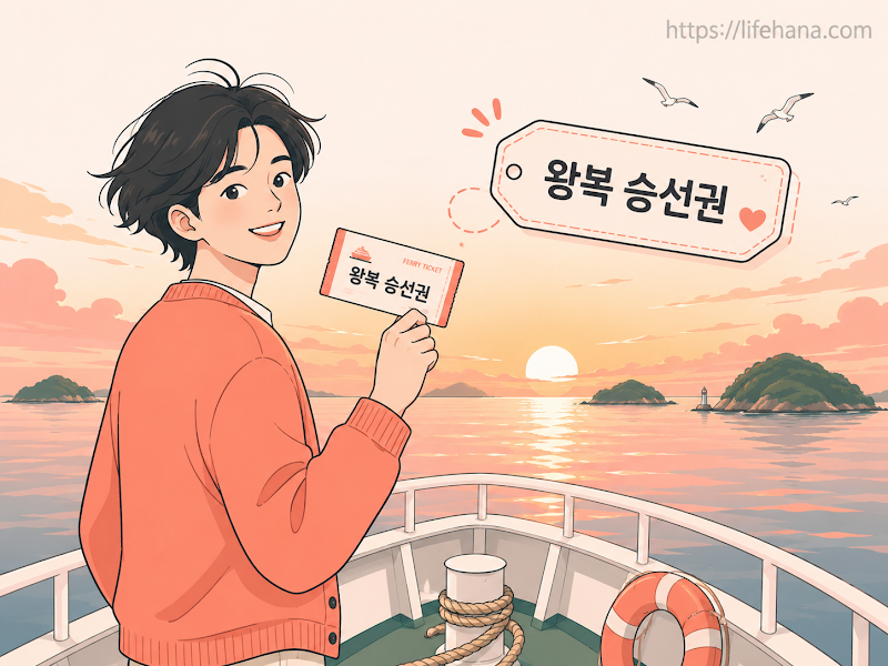 아름다운 바다 섬을 배경으로 여객선 승선권과 숙박 영수증을 챙기며 섬 여행비 환급을 준비하는 예비 여행객들의 활기찬 모습