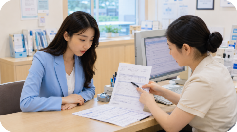 응급의료관리료 항목을 실제로 설명 듣는 장면