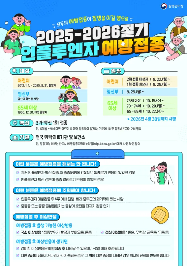 인플루엔자 예방접종 일정 및 무료 대상