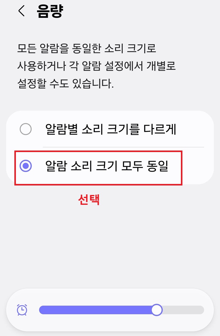 음량 페이지에 알람 소리 크기 모두 동일에 선택되어있음