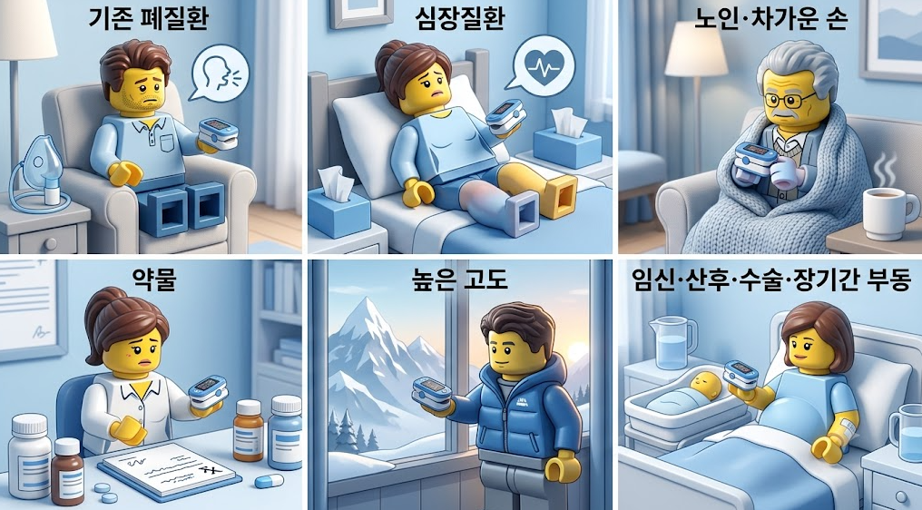 기존 폐질환, 심장질환, 차가운 손, 약물, 고지대, 수술 및 부동 상태 등 산소포화도 해석에 영향을 주는 6가지 조건 3D 일러스트