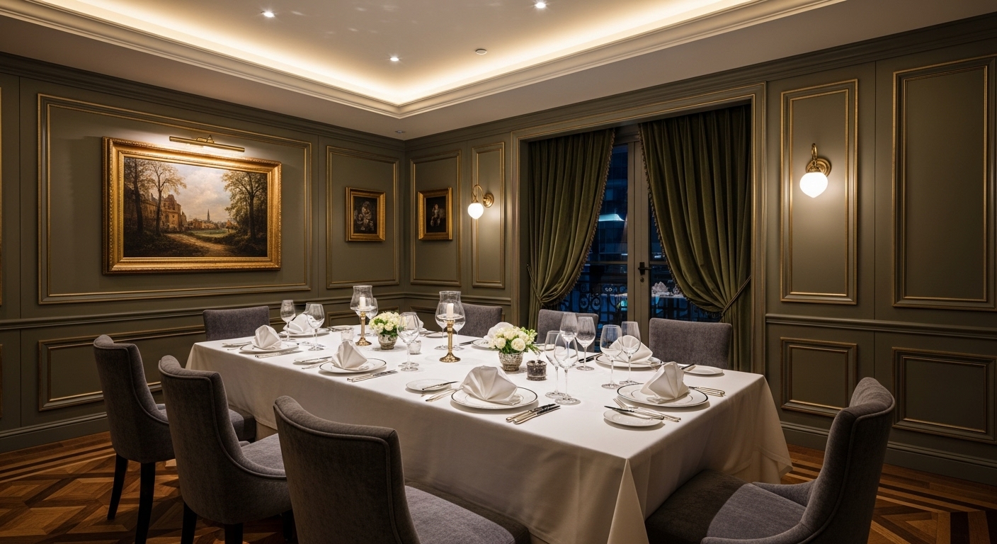 서울 강남의 고급 프렌치 레스토랑 프라이빗 룸에서 우아하게 세팅된 테이블. 중요한 비즈니스 송년회에 적합한 고급스러운 분위기.