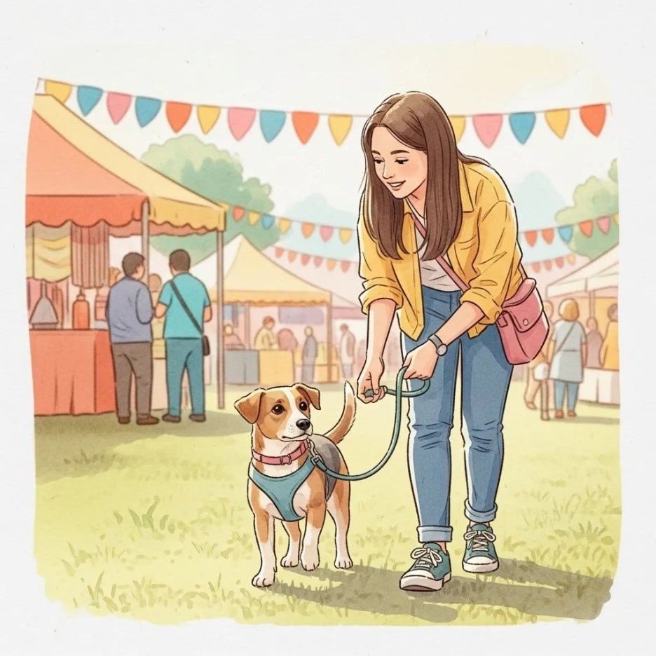 반려견과 함께 축제를 산책하는 사람