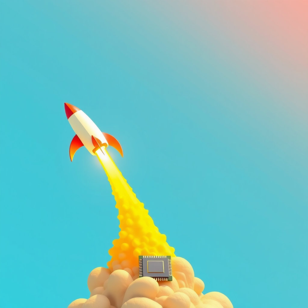 로켓이 하늘로 솟아오르는 역동적인 이미지에 AI 반도체 칩이 로켓의 핵심 동력원처럼 배치됩니다. 로켓의 궤적은 주식 차트의 상승 곡선을 연상시키며, 이는 IPO를 통한 기업 가치의 급상승을 나타냅니다. 성공과 번영을 상징하는 밝은 노란색, 오렌지색, 파란색 계열의 색상을 사용하여 긍정적이고 희망찬 분위기를 연출
