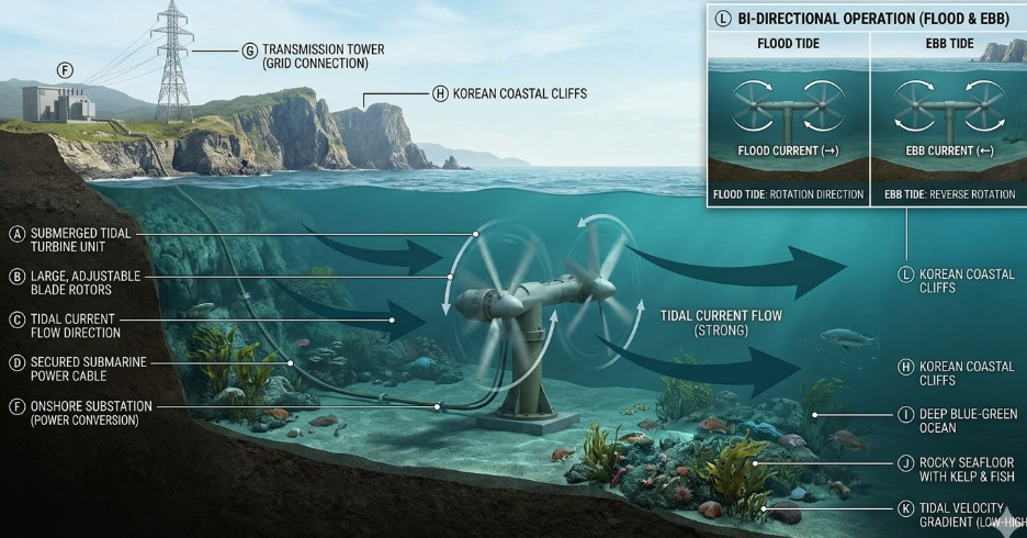 조류발전 터빈 수중 설치 구조 도식 — 해저 고정식 조류발전기와 조류 흐름 방향 인포그래픽
