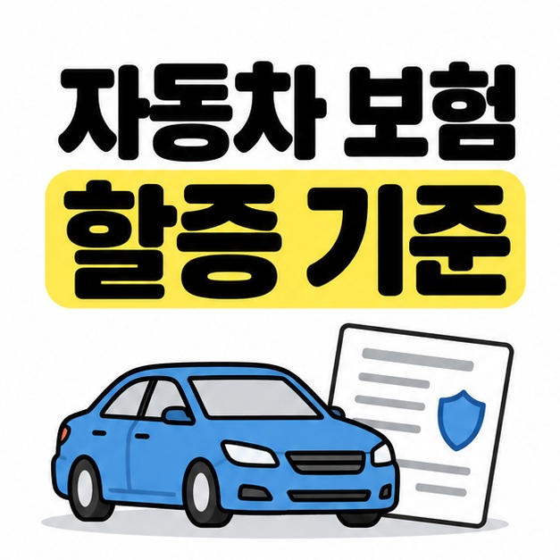 자동차 보험 할증 기준 제목 아래 파란 자동차와 보험증권을 배치한 대표 그림