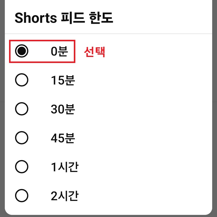 쇼츠 피드 한도 설정 페이지 보임