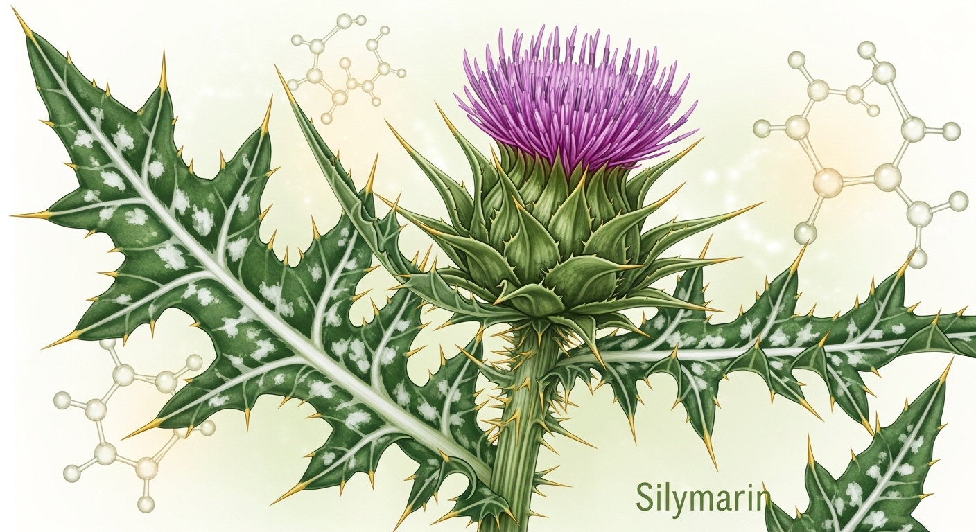 가시 돋친 밀크씨슬 식물과 실리마린 분자 구조가 어우러진 이미지