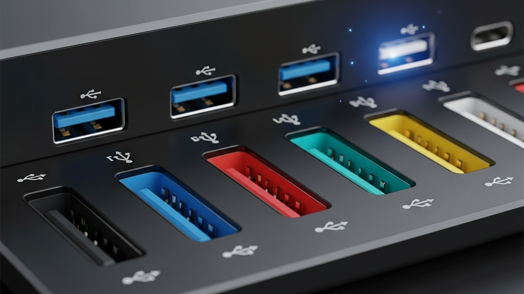 다양한 색상의 USB-A 포트가 나란히 배열된 모습. 검정, 파랑, 틸, 빨강, 노랑, 하양 포트의 플라스틱 삽입부가 선명하게 보여 기능적 차이를 암시한다.