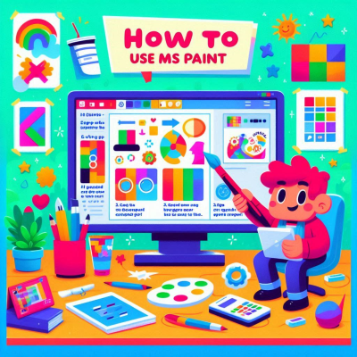 MS 페인트 사용법을 배우는 소년과 다채로운 도구들.