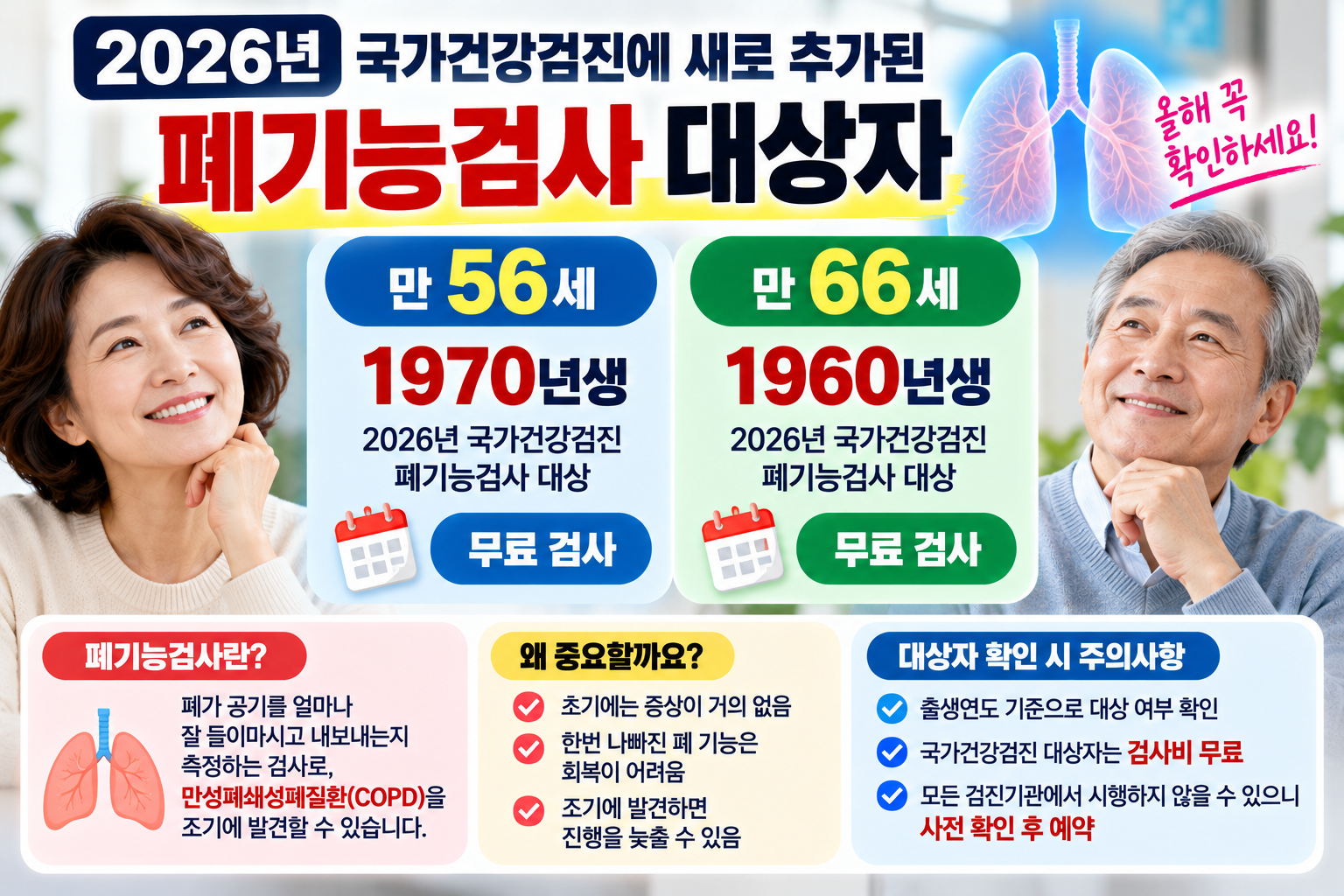 2026년 폐기능검사 대상자 1970년생 1960년생 출생연도 비교